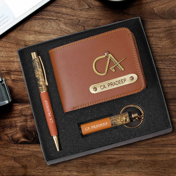 Personalised Gift Combo Men's Wallet With Charm - Brown - Uncommongifts.in